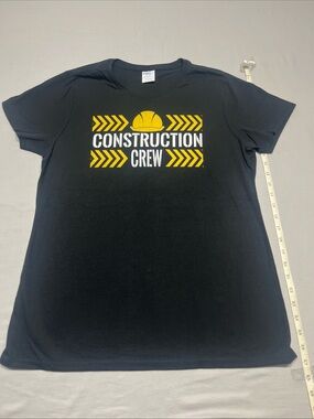 Port and Company Black Tee with Yellow and White Construction Crew Graphic